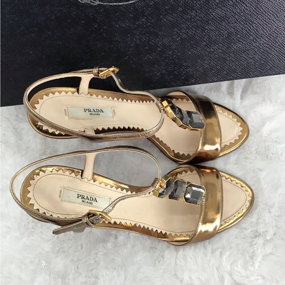 Prada Capretto Jeweled Open Toe Heel Lame Bronze Luxury Designer Size 37EU - Picture 7 of 11
